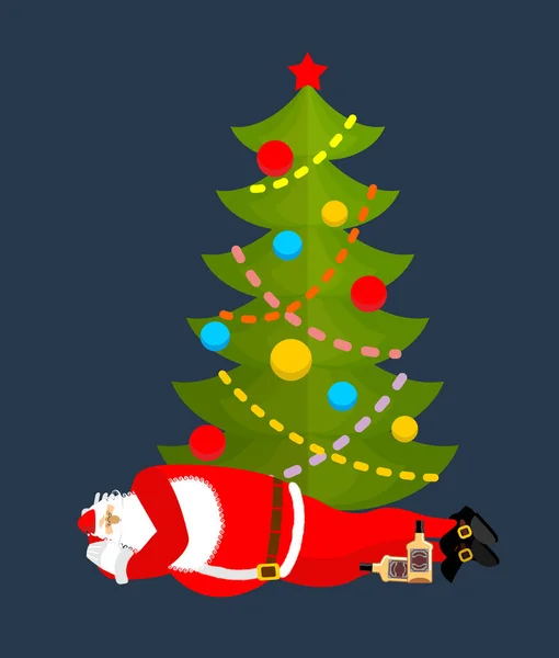 Αϊ-Βασίλη στον ύπνο κάτω από το χριστουγεννιάτικο δέντρο πίνοντας ουίσκι. Drun — Διανυσματικό Αρχείο