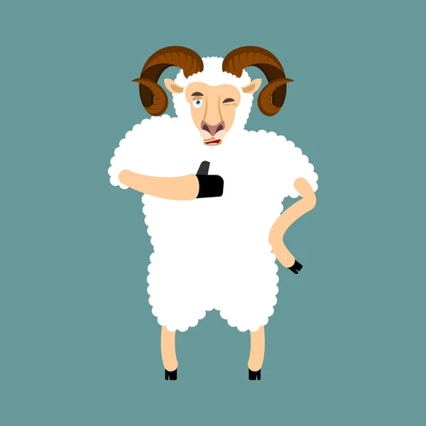 Ram polegares para cima e pisca emoji. Ovelhas Fazenda Animal emoji feliz. Ve — Vetor de Stock