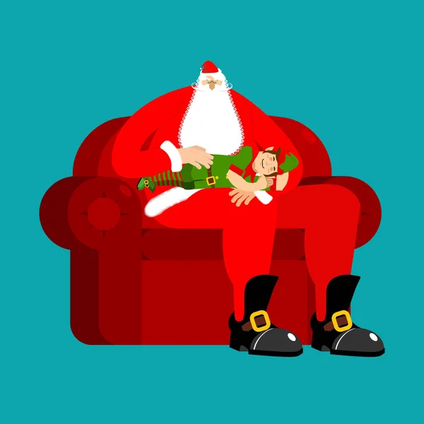 Βασίλη σε καρέκλα χαϊδεύοντας elf ύπνου. Χριστούγεννα και Πρωτοχρονιά — Διανυσματικό Αρχείο