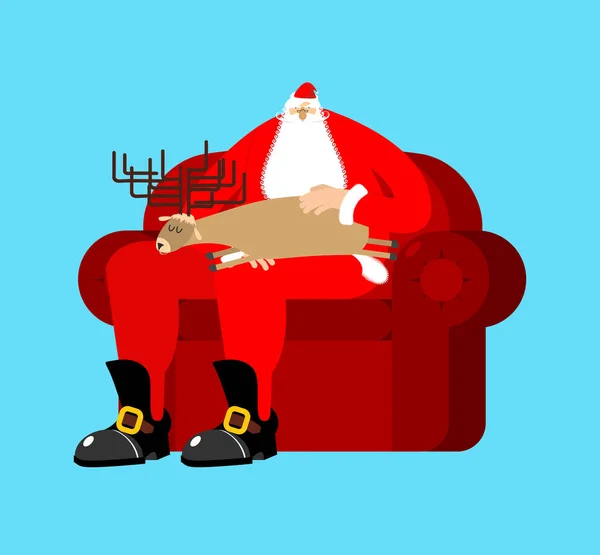 Santa Claus na židli hladil jelen spánku. Vánoce a nový rok — Stockový vektor