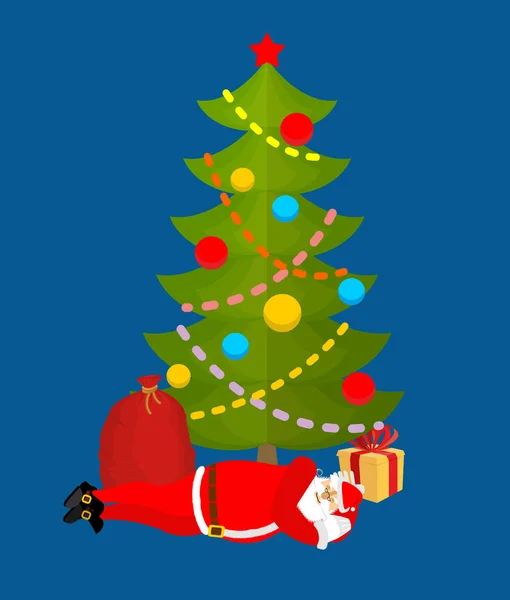 Santa Claus Sleeping under Christmas tree. Sleeping grandfather. — Stock Vector