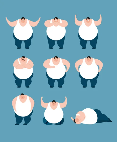 Conjunto de gordura poses e movimento. Stout guy feliz e ioga. Grande homem slee —  Vetores de Stock