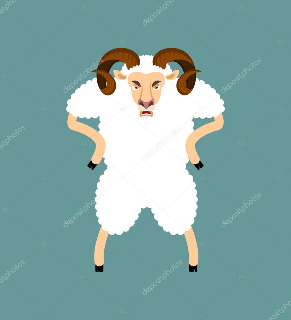 Ram angry. Sheep evil emoji. Farm animal aggressive. Vector illu