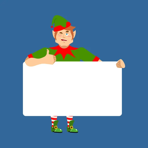 Babbo elfo tiene lo striscione vuoto. Aiutante di Natale e bianco vuoto — Vettoriale Stock