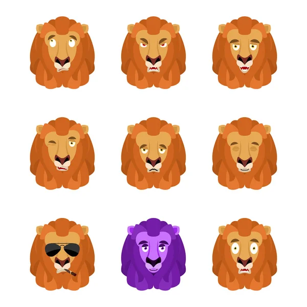 Lion instellen emoji avatar verdrietig en boos gezicht. schuldig en slapen. — Stockvector