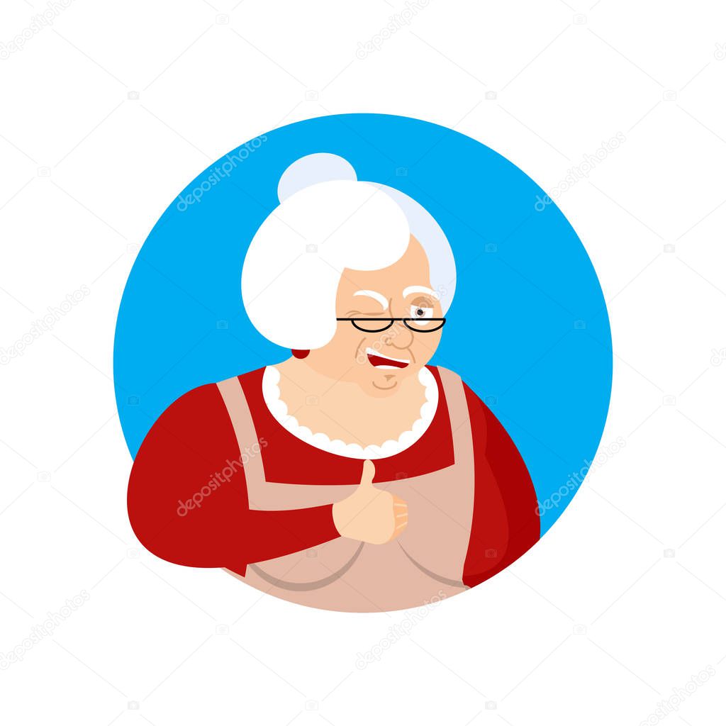 Grandmother thumbs up and winks emoji. Grandma happy emoji. Happ