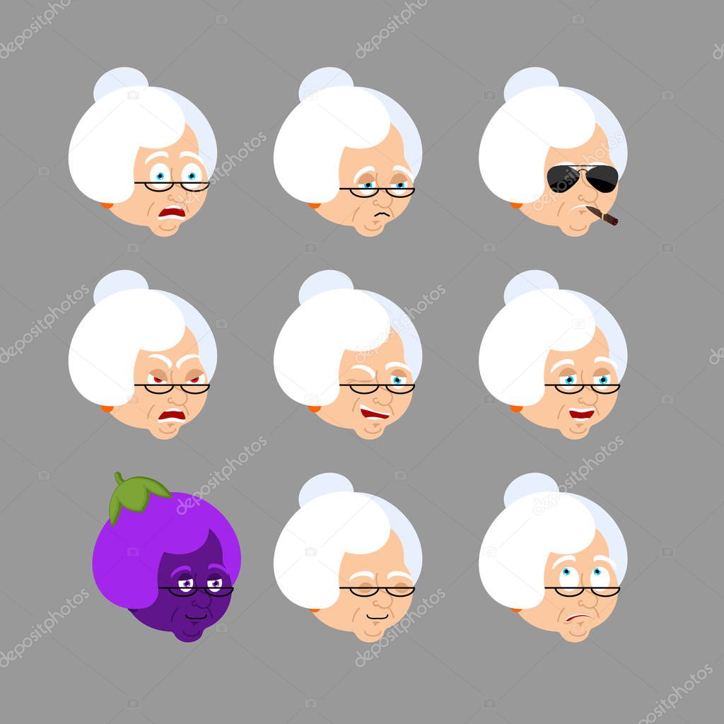 Grandmother set emoji avatar. Sad and angry face. Guilty and sle