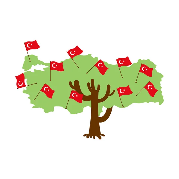 Vatansever ağaç Türkiye haritası. Türk bayrağı. Ulusal siyasi planı — Stok Vektör