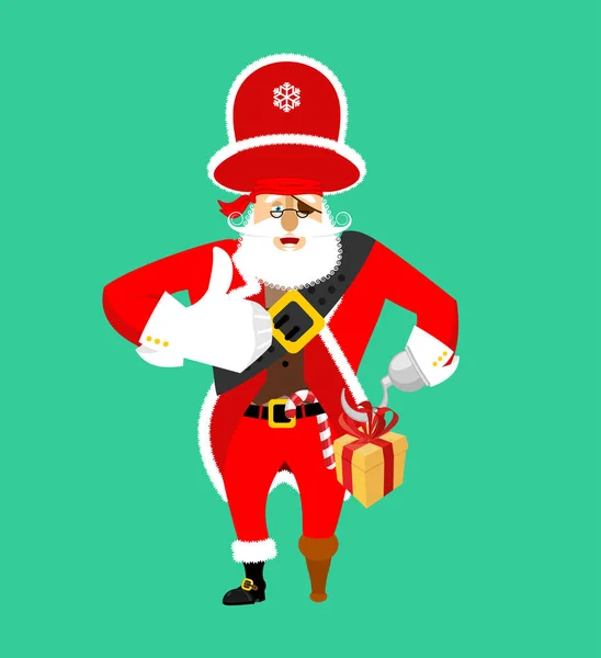 Pirata de Santa Claus. Bucanero navideño. Caja de regalo. Gancho y madera — Vector de stock