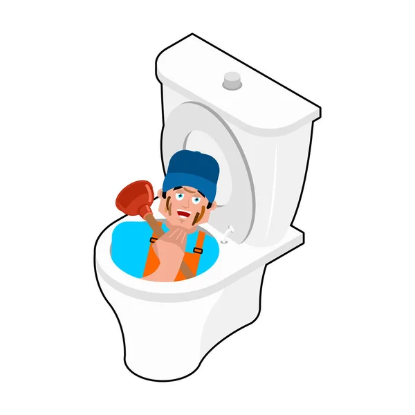 Klempner in Toilette und Kolben. Service von wc. Vektor illustratio — Stockvektor