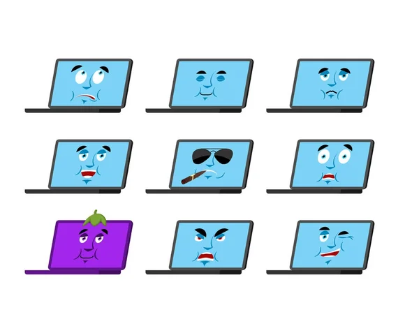 Laptop instellen emotie avatar verdrietig en boos gezicht. schuldig en sleepi — Stockvector