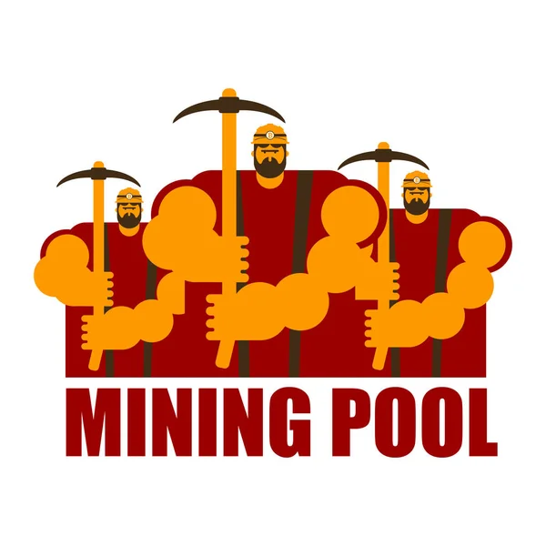 Logo de piscine minière. Extraction de devises Bitcoin Crypto. Travailleurs — Image vectorielle