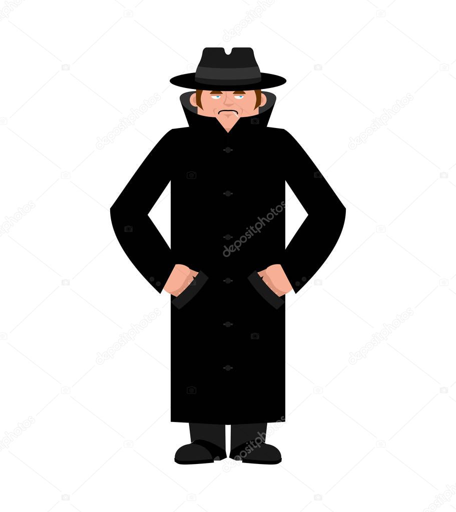 Spy in hat and coat isolated. Secret agent in cloak. Detective r