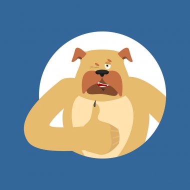 Köpek thumbs up ve kırpmak. Evde beslenen hayvan mutlu emoji. Bulldog vektör illustr