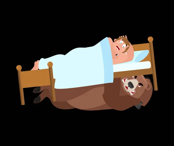 Oso debajo de la cama. El hombre asustado duerme en la cama. Ilustración del vector — Archivo Imágenes Vectoriales