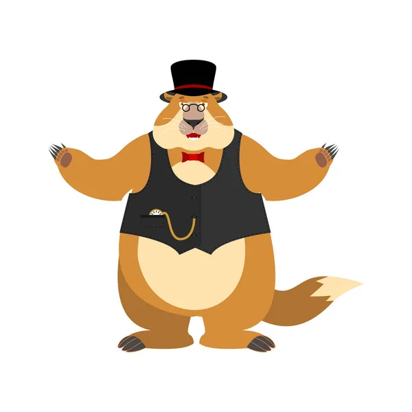 Día de la marmota. Marmota en Sombrero feliz. Woodchuck feliz. Marmot J — Vector de stock