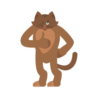 Kedi thumbs up ve kırpmak. Evde beslenen hayvan mutlu emoji. Kitty vektör illustrat