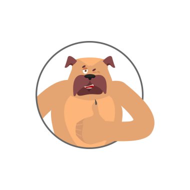 Köpek thumbs up ve kırpmak. Evde beslenen hayvan mutlu emoji. Bulldog vektör illustr