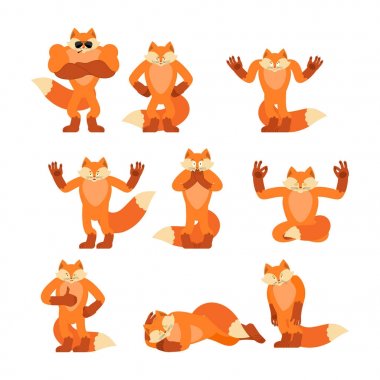 Fox pozlar ve hareketli ayarlayın. O fox mutlu ve yoga. Uyku canavar