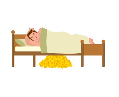 Adam yatağında uyuyor. Bitcoins yatağın altında. Vektör çizim.