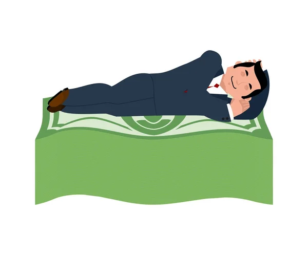 El hombre duerme con dólares. Dinero debajo de la cama. Riqueza. mucho dinero en efectivo — Archivo Imágenes Vectoriales