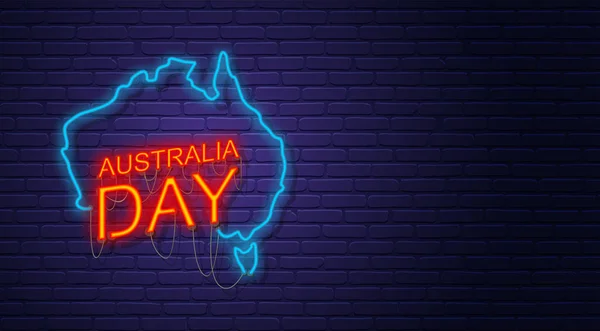 Australia Day. Neon teken op bakstenen muur. Kaart van Australië. Austra — Stockvector