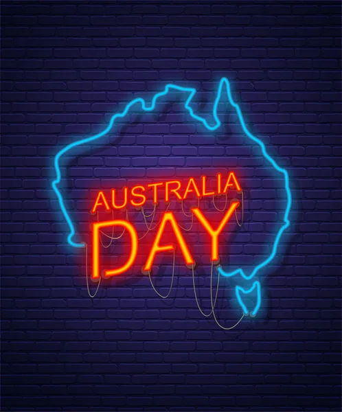 Australia Day. Neon teken op bakstenen muur. Kaart van Australië. Austra — Stockvector