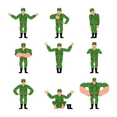 Rus askeri pozlar ayarlayın. Savaşçı mutlu ve yoga. uyku ve 