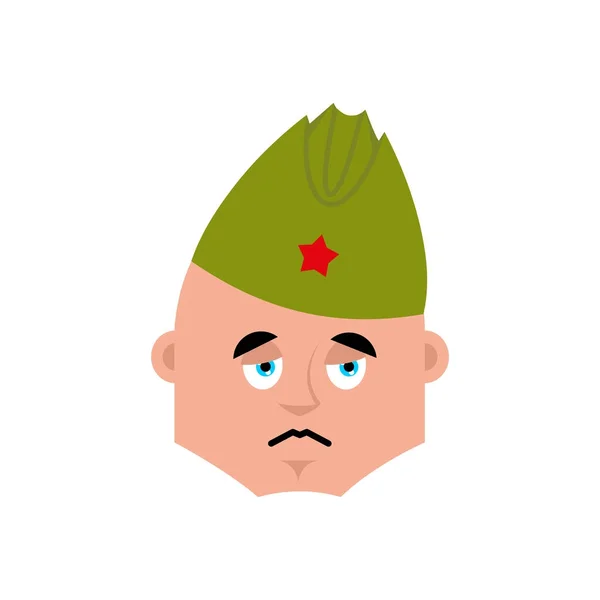 Soldat soviétique triste emoji. Rétro guerrier russe émoticône douloureux — Image vectorielle