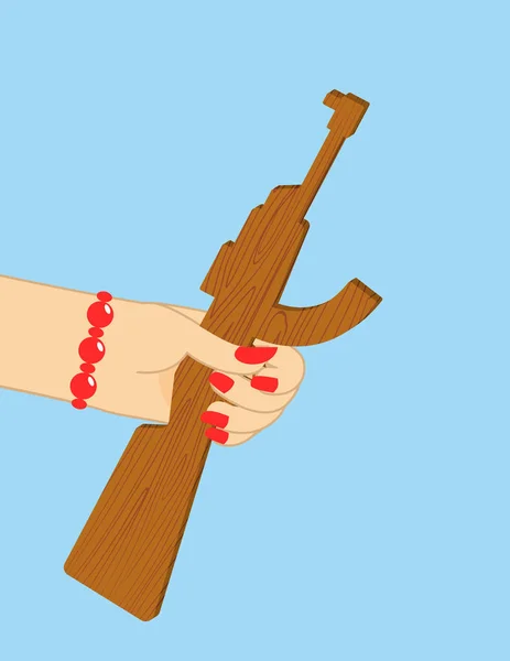 23 de febrero. Mujer mano dando Madera arma de juguete. Armas de madera Tra — Vector de stock