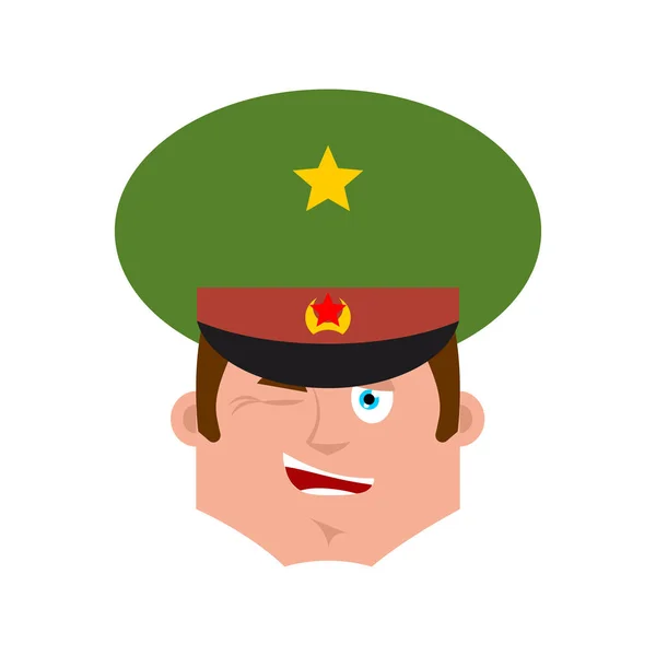 Oficial ruso guiño emoji. Soldado feliz emociones avatar. Joyfu. — Vector de stock