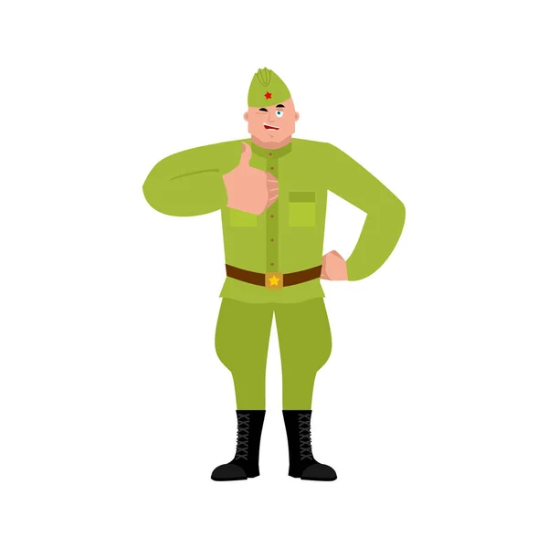 Soviet soldier thumbs up and winks. Retro Russian warrior happy. — Stock Vector