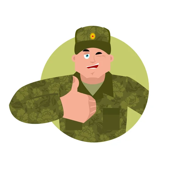 Russian soldier thumbs up and winks. Warrior merry. Joyful Milit — Stock Vector