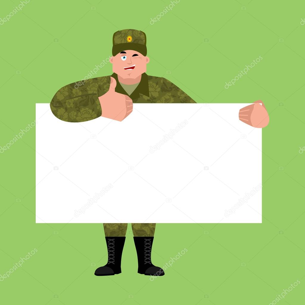 Russian soldier holding banner blank. Warrior white blank. Parat