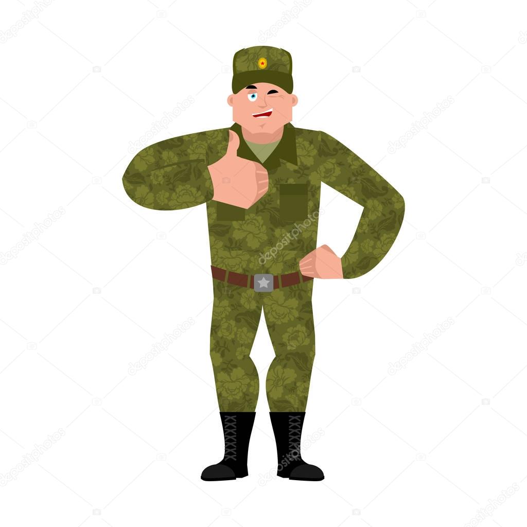 Russian soldier thumbs up and winks. Warrior merry. Joyful Milit