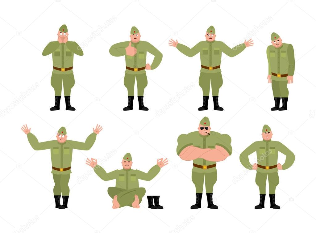 Soviet soldier set poses and motion. Retro Russian warrior happy