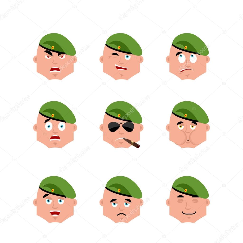 Russian soldier set emoji avatar. sad and angry face. guilty and