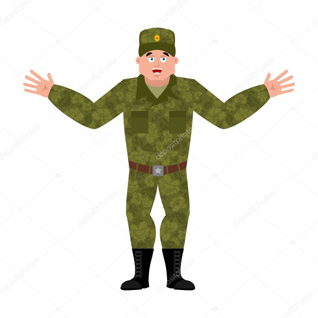 Russian soldier happy. Warrior merry. Joyful Military in Russia.