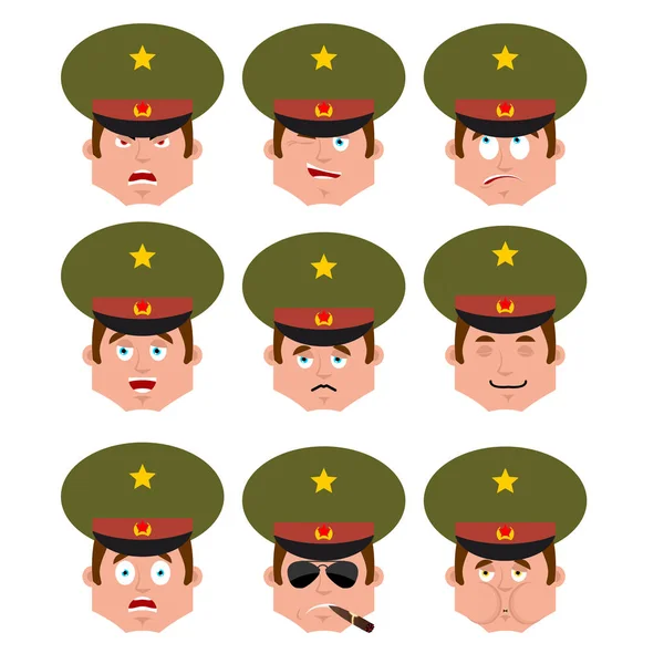 Rosyjski oficer ustawiony emoji avatar. twarz jest smutny i zły. winy i — Wektor stockowy