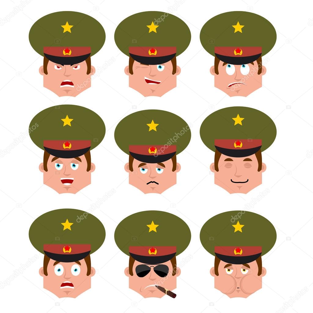 Russian Officer set emoji avatar. sad and angry face. guilty and