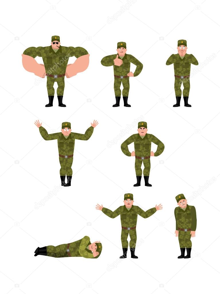 Russian Soldier set poses and motion. Warrior happy and yoga. sl