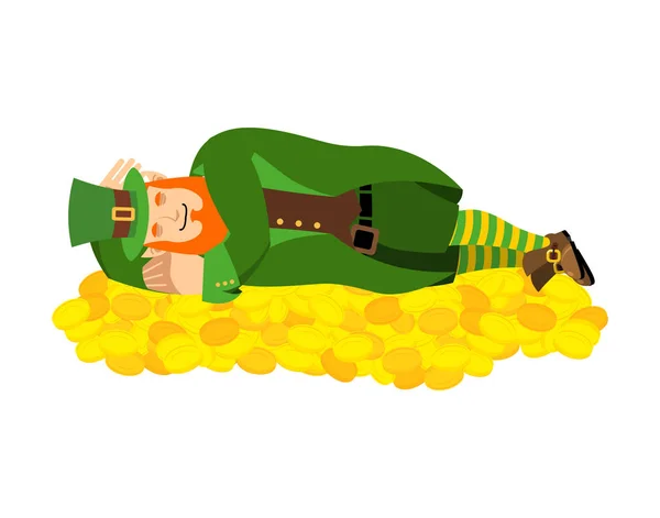 Il folletto dorme sulle monete d'oro. nano per il giorno di San Patrizio. nati — Vettoriale Stock