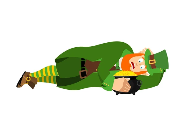 Manó alszik és a fazék arany. törpe St.Patricks nap. Na — Stock Vector