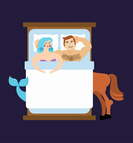 Sereia e centauro na cama. Amor mítico. Amantes Mágicos. Illustr —  Vetores de Stock