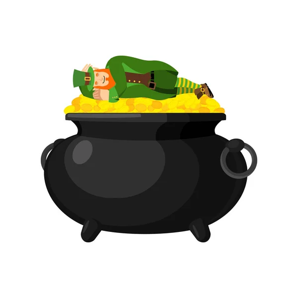 Leprechaun sleeps and pot of gold. dwarf for St.Patricks Day. na — Stock Vector
