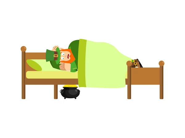 レプラコーンは、ベッドで眠る。金の鍋。St.Patricks 日のドワーフ — ストックベクタ