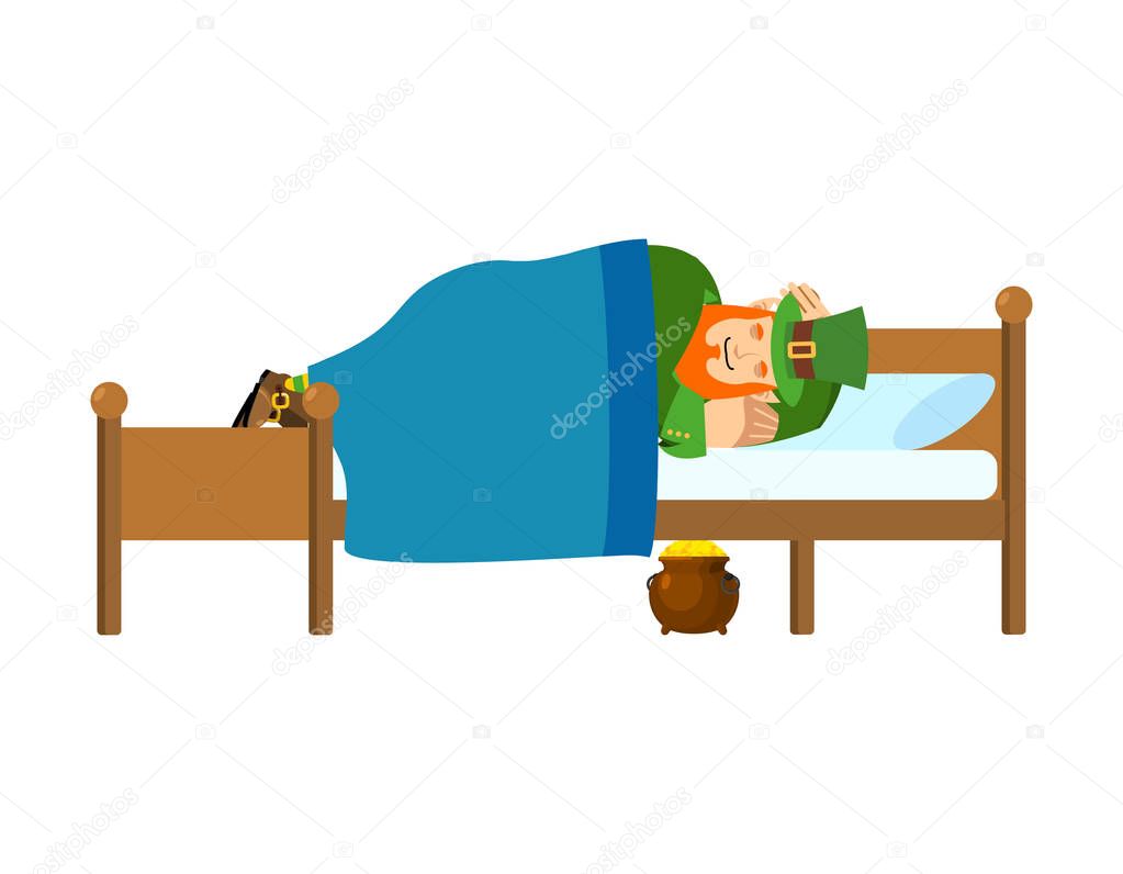 Leprechaun sleeps on bed. pot of gold. dwarf for St.Patricks Day