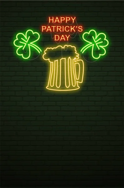 Patricks Day Panneau néon et mur de briques vertes. Signe réaliste. Nat ! — Image vectorielle