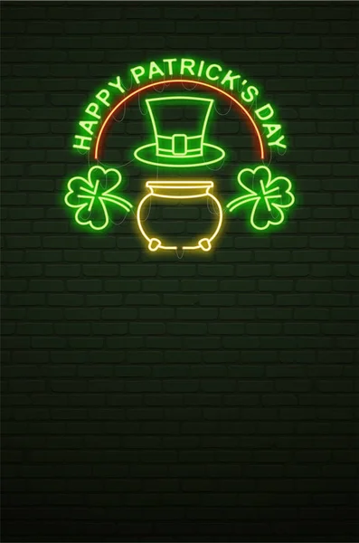 St Patricks ημέρα νέον σύμβολο και πράσινο τοίχο από τούβλα. Ρεαλιστική σημάδι. — Διανυσματικό Αρχείο
