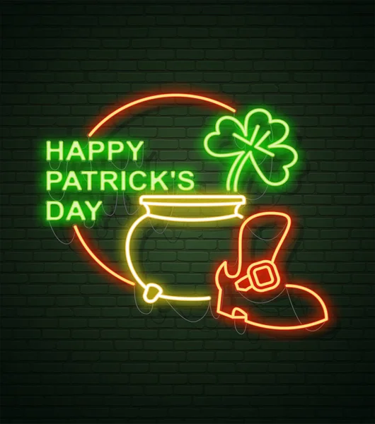 St Patricks Day Panneau néon et mur de briques vertes. Signe réaliste . — Image vectorielle